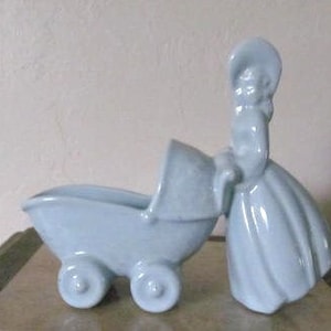 1950&#39;S HAEGER Ceramic Art &quot;Woman with Baby Stroller&quot; Blue Color Collectible Figurine