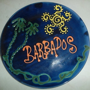 Handmade Earthworks Ceramic Plate: Barbados Sun Design, Blue Dinner Platter