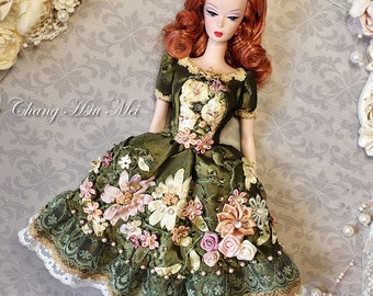 Chang Hsiu Mei's Handmade Dress for silkstone Barbie or similar dolls ~No.1169(Silk-Ribbon Embroidery dress)