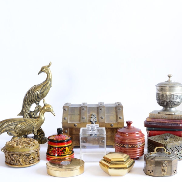 Vintage Boxes | Trinket Boxes | Cricket Boxes | Boho Decor | Shelf Decor Vintage | Acrylic Box | Jewelry Box | Chest Wood | Brass Box Decor