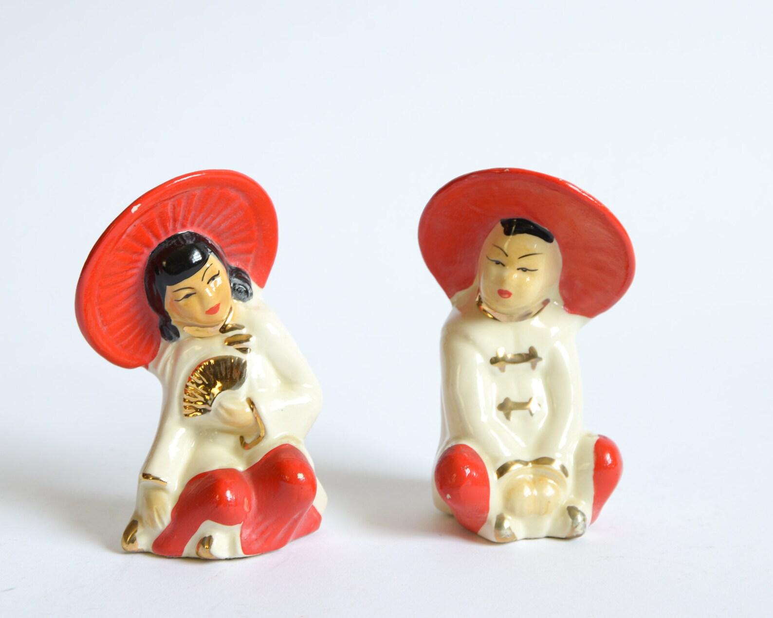 Vintage Asian Figurines Ceramic Wide Red Hat Asian Pair Etsy