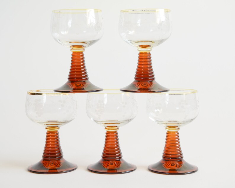 5 Vintage Roemer Glasses Set of five Brown Stemmed Etched Roemer Glassware Vintage Bar Ware