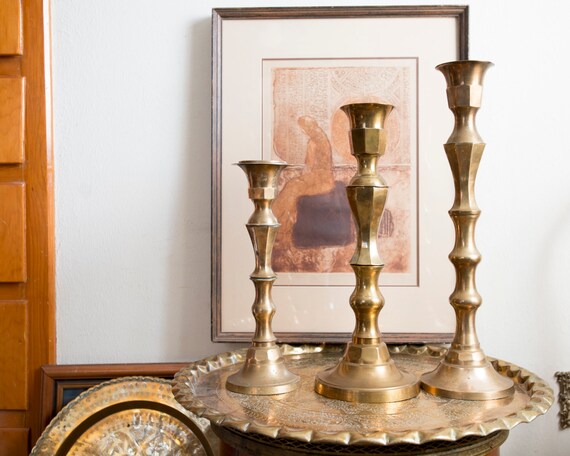 Trio Tall Brass Candle Holders Floor Candle Holders Wedding Decor Boho Decor Outdoor Candle Holders Party Centerpiece Candle Holders Set