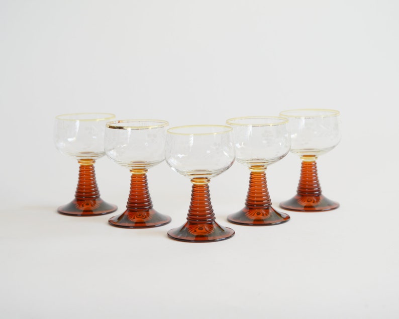 5 Vintage Roemer Glasses Set of five Brown Stemmed Etched Roemer Glassware Vintage Bar Ware