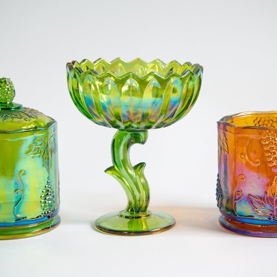 Vintage Carnival Glass Collection: Green Tulip Compote & Harvest