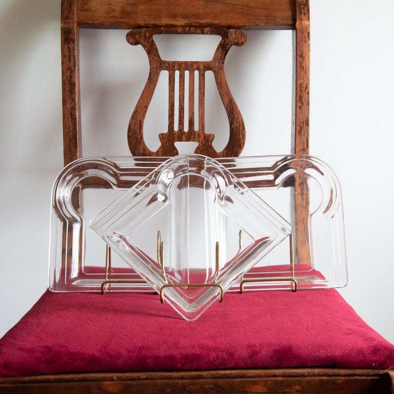 Art Deco Glass Jewelry Dish Trio – Vintage Square Vanity Catch‑All Plates for Dresser Décor image 4