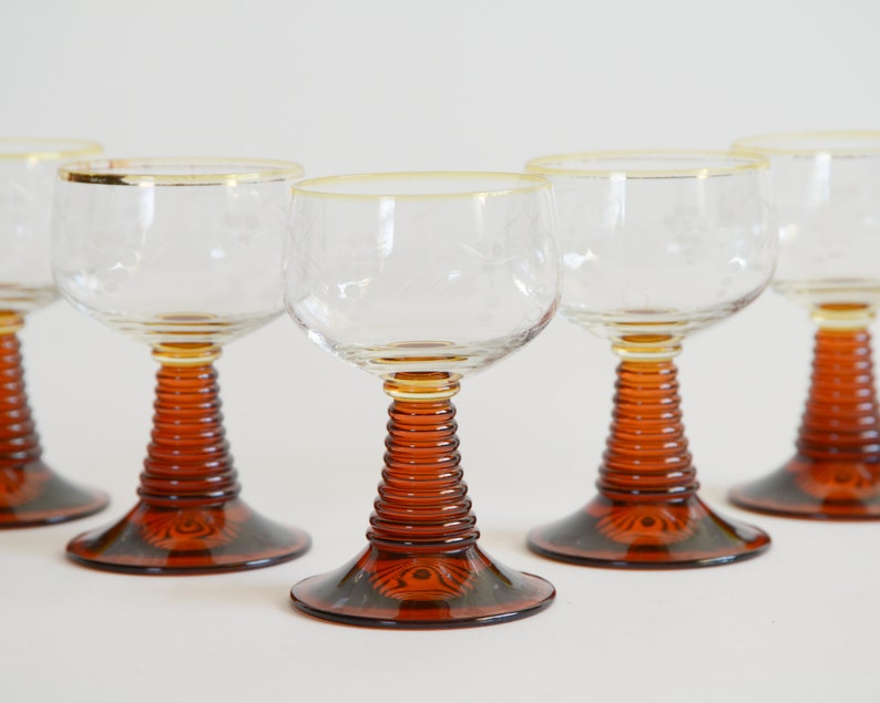 5 Vintage Roemer Glasses Set of five Brown Stemmed Etched Roemer Glassware Vintage Bar Ware