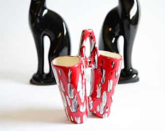 Vintage Mid-Century Double Vase: Red, Black, and White Decor