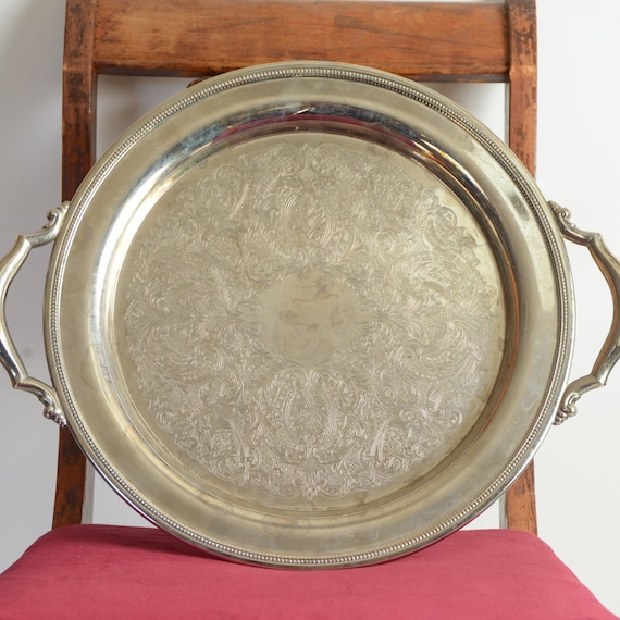 Vintage Oneida Silver Plate Serving Tray with Handles – Ornate 17” Silver Platter, Barware & Holiday Serving