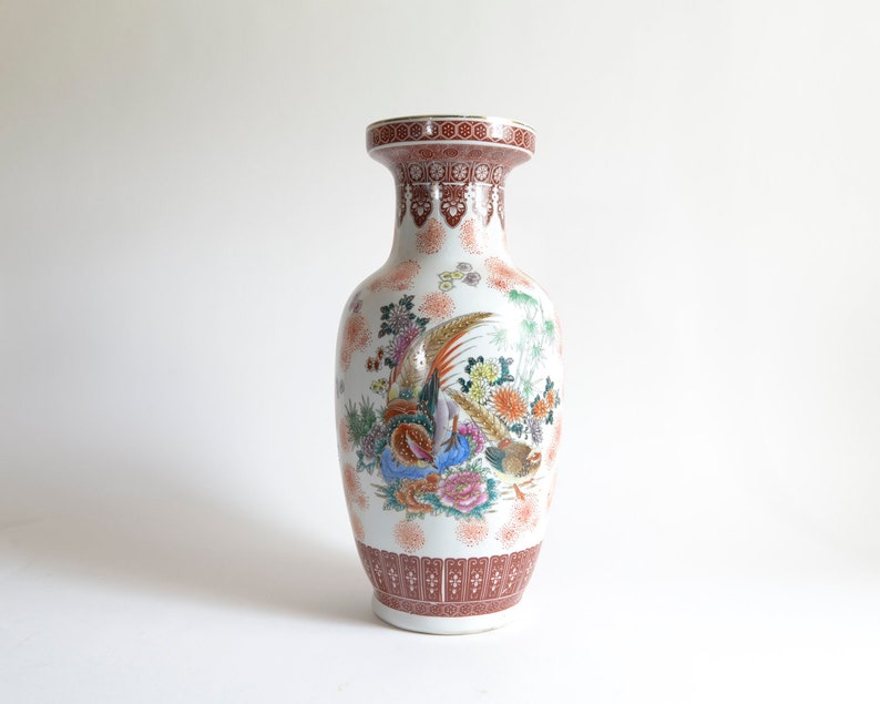 Vintage Large Asian Floor Vase Red Orange Pheasant Raised Etsy