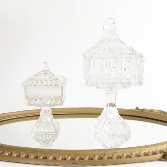 Pair of Vintage Pedestal Candy Dishes – Ornate Clear Glass, Cottage Décor (Large & Small)