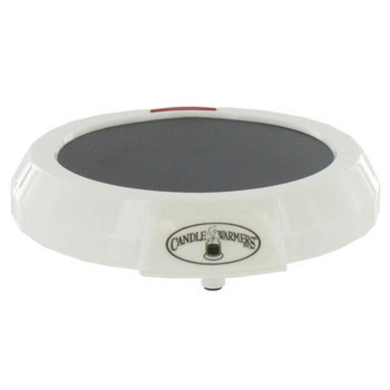 May include: White round electric candle warmer with a black heating surface and a red power button. The warmer has a "Candle Farmers" logo on the front.