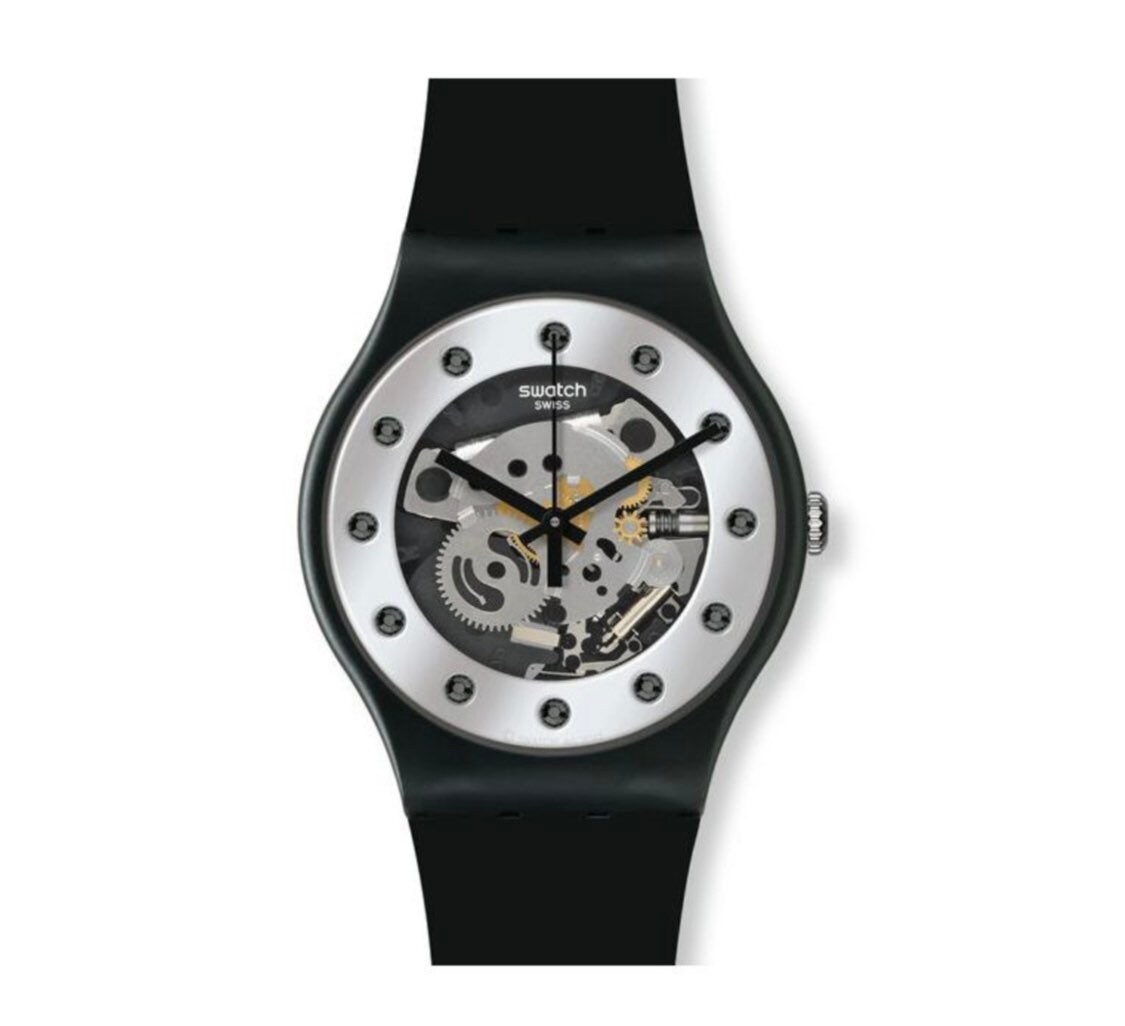 New Swatch Watch Silver Glam in Box Lacquered Skeleton Gears