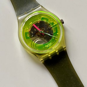 New Swatch 1986 Vintage TECHNO-SPHERE running in original box 34mm Gk101 Extremely Rare techno-sphere skeleton neon not yellow 1985