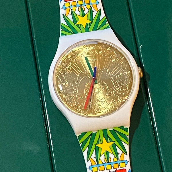 Neue Swatch-Uhr Artist Mika MUMU-CUCURRUCUCU, seltene Präsentationsverpackung SUOZ210, 41-mm-Tribal-Fun-Spezialbox