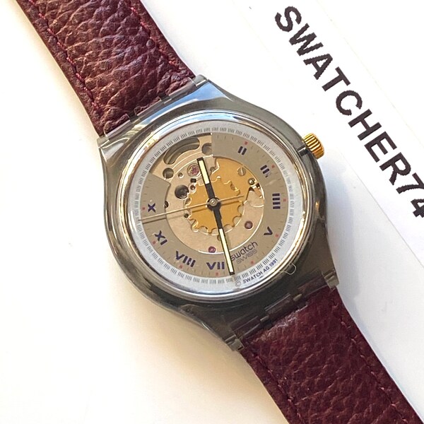 New Swatch watch Vintage Automatic RUBIN SAM100 in box no battery needed mint skeleton Rare unworn 36mm 1991
