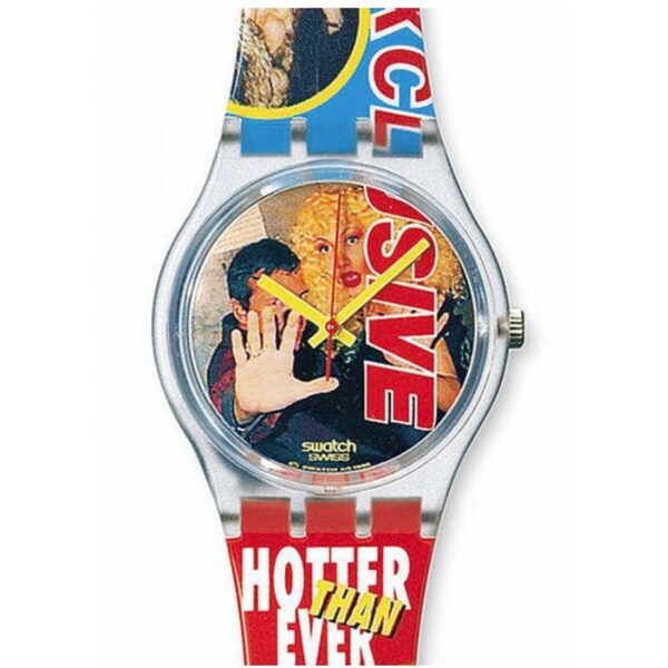 New 1997 vintage Swatch NEVER SEEN BEFORE Gk258 special box reverse side you scratch off the strap to reveal new pattern retro 34mm