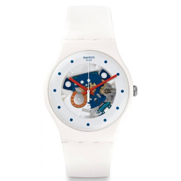 New Swatch new gent HORSESHOE-SUOW129 transparent gears skeleton small horseshoe inside case 41mm blue white lucky charm