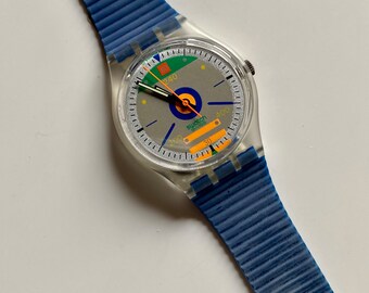 New 1988 vintage Swatch Watch SPEEDWEEK GK112 tags running crystal clear dial 34mm original gent unworn mario Fani 80’s