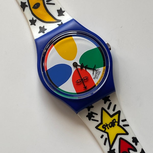 New vintage Swatch Watch SPACE PEOPLE GN134 Artist Charles Castelbajec running unworn 34mm in box RARE 1993