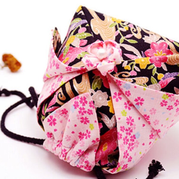 Drawstring Bag with Pink Lotus in Black,Japanese Kimono Purse, Silk,Gift for her,Fabric Make Up Bag,Floral Quilted Bag,Personalized Women
