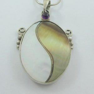 Sterling Silver Yin Yang Mother of Pearl Abalone Amethyst Pendant w. Sterling Chain
