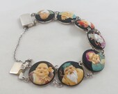 Signed Japan Toshikane Seven Gods of Fortune Porcelain Faces Silver Bracelet Arita Japan