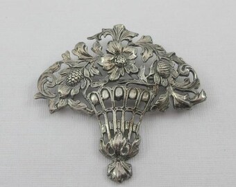 Vintage Italian Sterling Victorian Reproduction Vase Brooch with Rhinestone Flowers