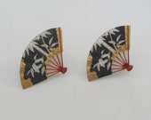 Japan Hand Painted Porcelain Toshikan Fan Bamboo Screw Back Earrings