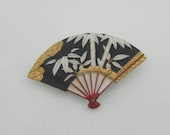 Japan Hand Painted Porcelain Toshikan Fan Bamboo Brooch Pin