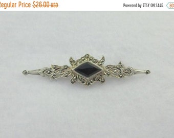 Vintage Onyx Square Jeweled Sterling Silver Brooch Pin