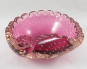 Murano Sommerso Style Glass Bowl Pink - Murano Controlled Bubble Bowl - Art Glass Magenta