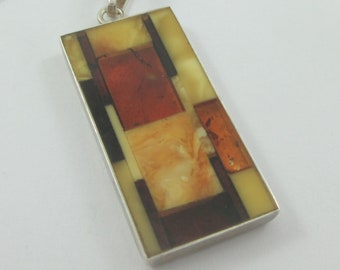 Sterling Silver Amber Mosaic Pendant on Sterling Silver Chain