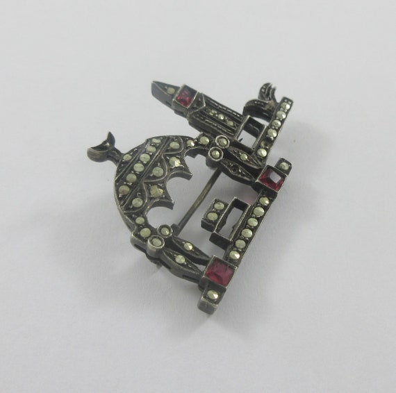 Sterling Silver Marcasite Red Glass Mosque Brooch - image 4