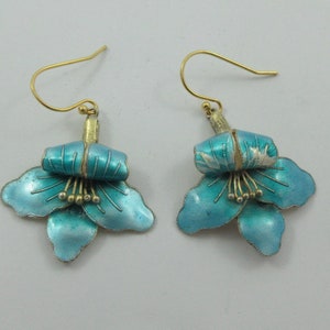 Early Laurel Burch Gold over Sterling Silver Blue Enamel Flower Dangle Earrings- As it is