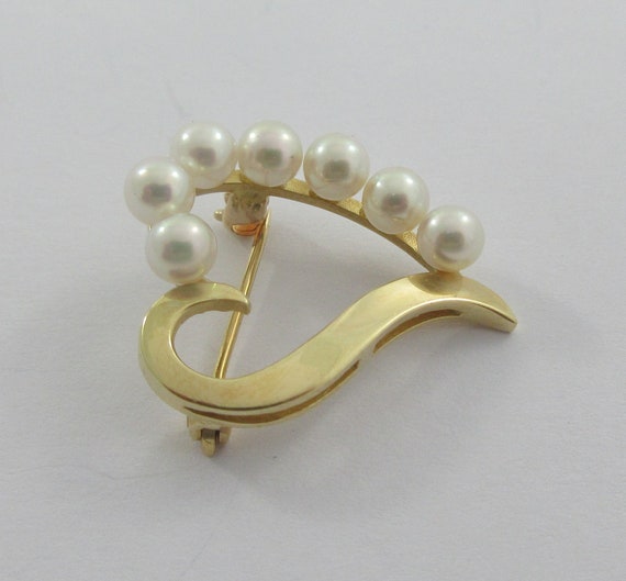 14k Yellow Gold Open Heart Pearls Brooch - image 4
