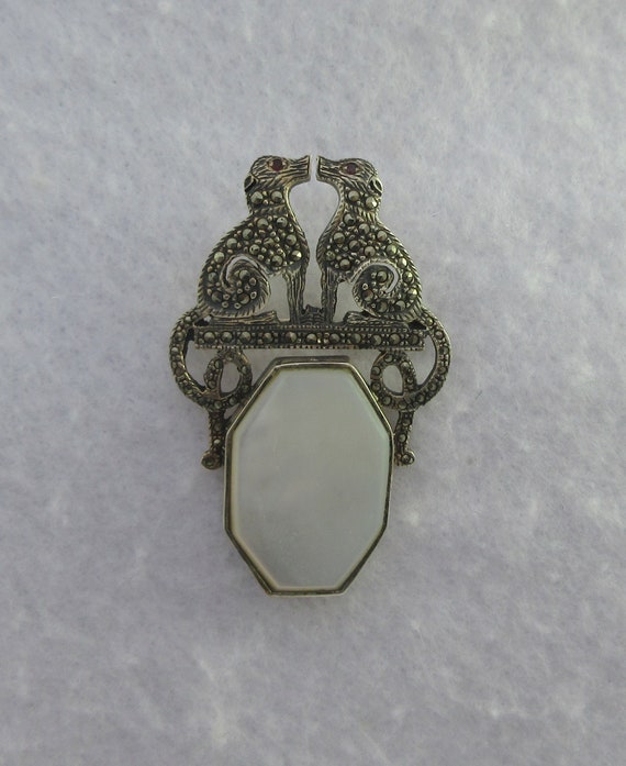 Art Deco Sterling Silver Marcasite Mother of Pear… - image 5