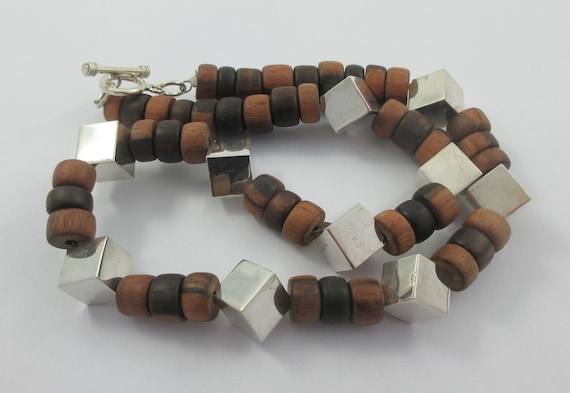 Modernist Wood Beads Sterling Silver Cubes Choker… - image 1