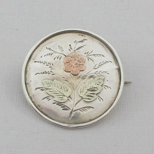 Antique Round Sterling Silver Gold Victorian Floral Brooch Pin