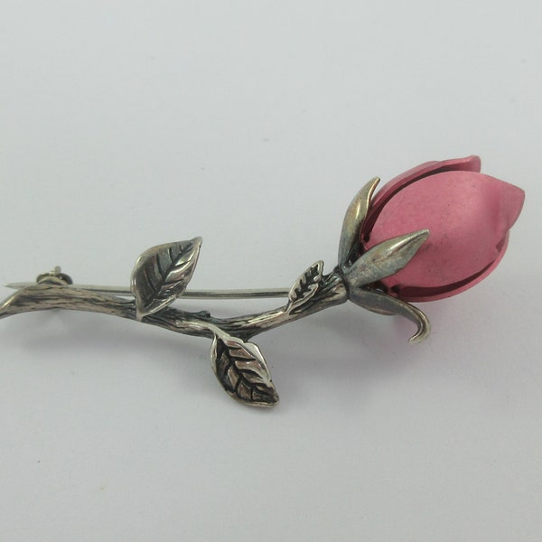 Sterling Silver Pink Flower Rose Brooch Pin