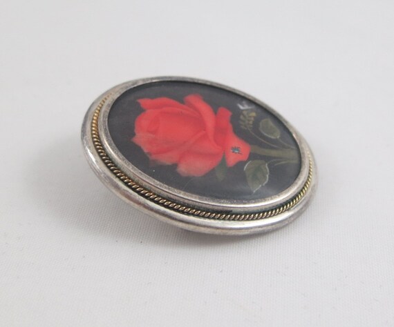 800  Silver Hand Painted Red Rose Oval Pendant or… - image 5