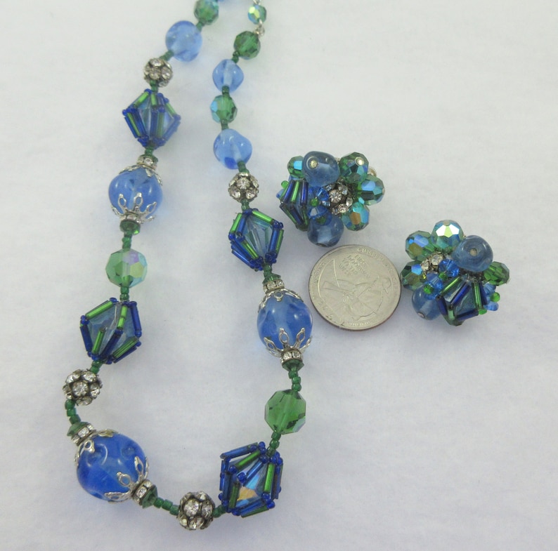 Blue Beaded Glass Green Crystals Rhinestone Necklace /& Matching Clip On Earrings Sale Vendome Demi Parure