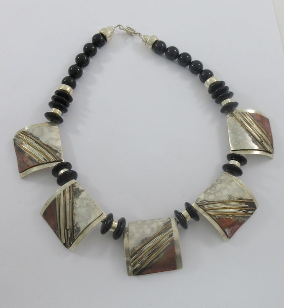 Modernist Sterling Silver Mixed Metals Onyx Beads 