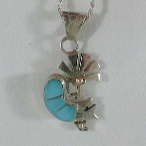 Sterling Silver Turquoise Kokopelli Flute Dancer Pendant w. Sterling Chain