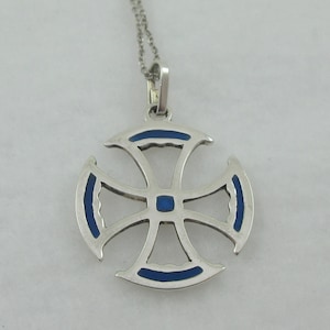 Antique England Sterling Silver Blue Enameled Maltese Cross Pendant w. Sterling Silver Chain