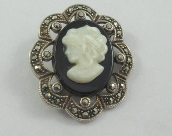 Sterling Silver Marcasite Mother of Pearl Cameo Brooch or Pendant- As it is