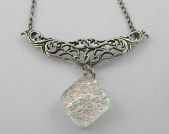 Art Nouveau Style Sterling Silver White Opaque Glass Pendant Necklace