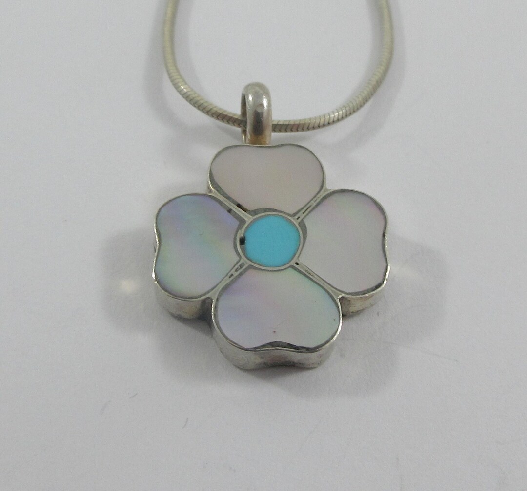 Zuni Sterling Silver Mother of Pearl Turquoise Inlay Pendant W ...