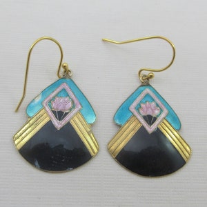 Early Laurel Burch Sterling Silver Teal Gold Black Lavender Enameled Flower Dangle Earrings- As it is