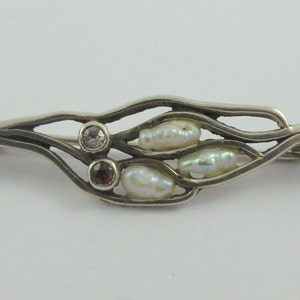 Artisan Made Open Sterling Silver Garnet Topaz Cultured Pearl Leaf Brooch- Trombone Clasp